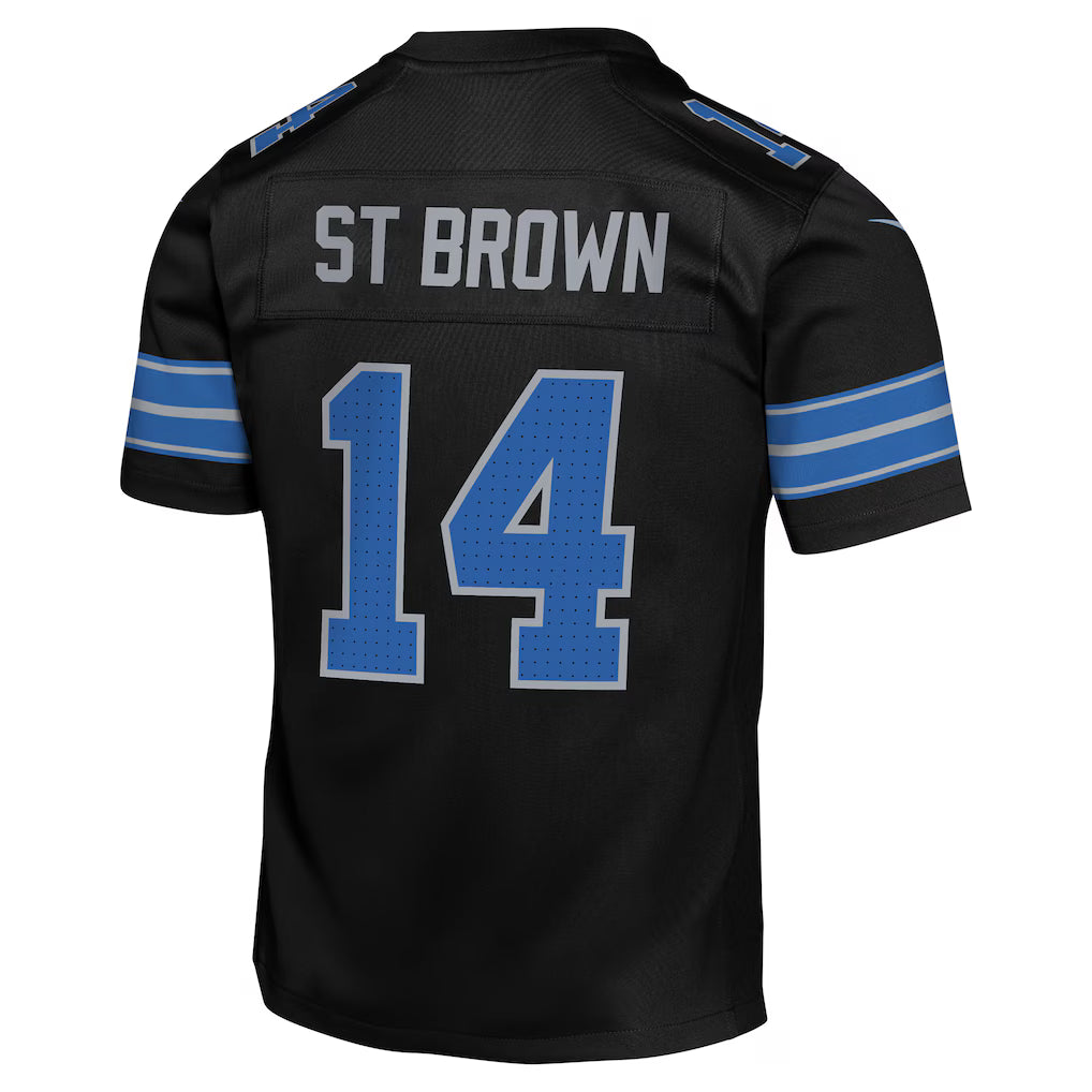 Youth Detroit Lions black Amon-Ra St. Brown Nike Game jersey featuring player name and number on the back.