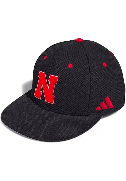 Nebraska Cornhuskers adidas black sideline flex hat featuring a red logo and accents for fans and collectors.