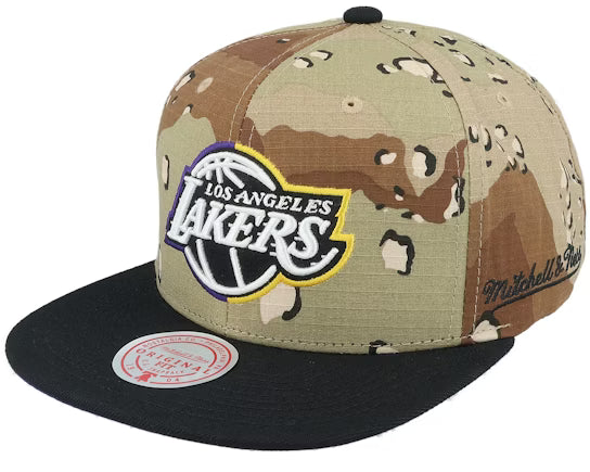 Los Angeles Lakers camo and black snapback hat featuring embroidered team logo and adjustable fit.