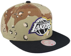 Los Angeles Lakers camo and black snapback hat featuring embroidered team logo on front. Ideal for fans and collectors.
