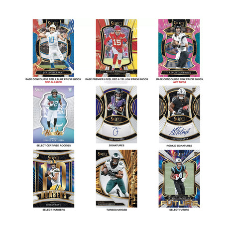 2025 Panini Select Football Trading Cards Mega Box Pink Prizm Shock 7pk - 42 Cards Total - Panini America - 30020510028