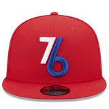 Philadelphia 76ers red fitted hat featuring the alternate logo with a bold white and blue '76' design.