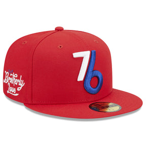 Philadelphia 76ers red fitted hat featuring alternate logo and "Brotherly Love" script on the side.