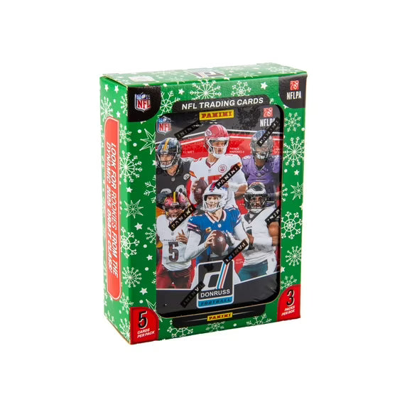 2025 Panini Donruss Football Trading Card Holiday Tin featuring NFL players, includes five packs and three exclusive cards.