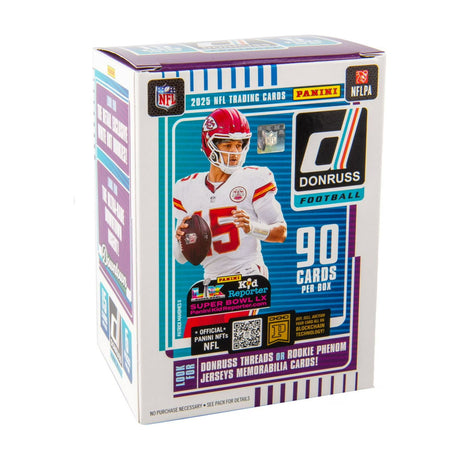 2025 Panini Donruss Football NFL Trading Cards Blaster Box featuring 90 cards per box, including jerseys and memorabilia.