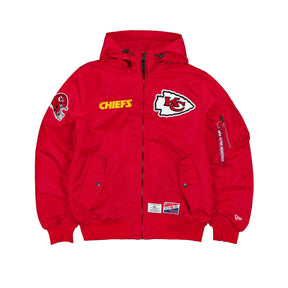 Kansas City Chiefs L-2B hooded bomber jacket in red featuring team logo and embroidered details. Perfect for fans.