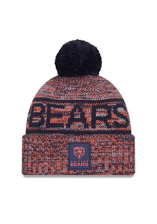 Chicago Bears knit pom beanie featuring team colors, logo, and a cozy design for fans to show support.