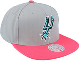 San Antonio Spurs gray and pink snapback hat featuring the team logo on the front. Ideal for fans and collectors.