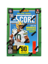 Panini 2025 Score Football box featuring a player in a green jersey, offering 90 trading cards per box.