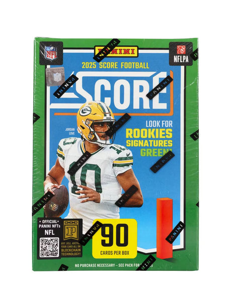 Panini 2025 Score Football box featuring a player in a green jersey, offering 90 trading cards per box.