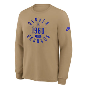 Nike Dri-Fit Denver Broncos beige long sleeve T-shirt featuring team graphics and established year 1960.