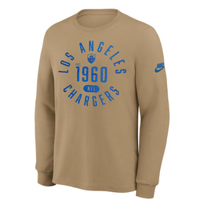 Nike Dri-Fit Los Angeles Chargers beige long sleeve T-shirt featuring bold blue team graphics and established year.