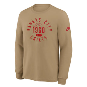 Nike Dri-Fit Kansas City Chiefs beige long sleeve t-shirt featuring established 1960 graphic and logo on sleeve.