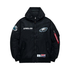 Philadelphia Eagles Alpha Industries L-2B hooded bomber jacket featuring team logos and a sleek black design.