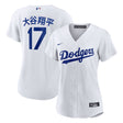 Women's Los Angeles Dodgers Shohei Ohtani Kanji Nike white home replica jersey featuring team logo and player number 17.
