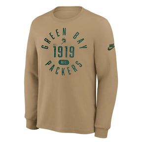 Nike Dri-Fit Green Bay Packers beige long sleeve t-shirt featuring 1919 graphic and logo on the sleeve.