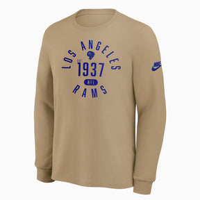 Nike Dri-Fit Los Angeles Rams beige long sleeve t-shirt featuring team graphics and established date for fans.