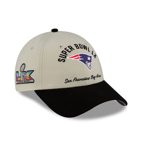 New England Patriots Super Bowl LX cream 9FORTY stretch snap hat featuring team logo and event details.