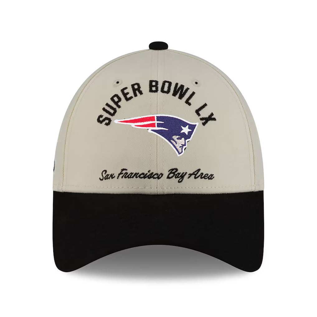 New England Patriots Super Bowl LX cream 9FORTY stretch snap hat featuring team logo and event details on the front.