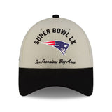 New England Patriots Super Bowl LX cream 9FORTY stretch snap hat featuring team logo and event details on the front.