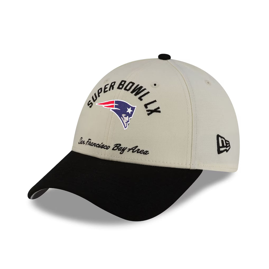 New England Patriots Super Bowl LX cream 9FORTY stretch snap hat featuring team logo and embroidered details.