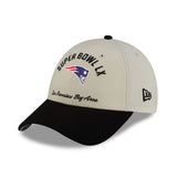 New England Patriots Super Bowl LX cream 9FORTY stretch snap hat featuring team logo and embroidered details.