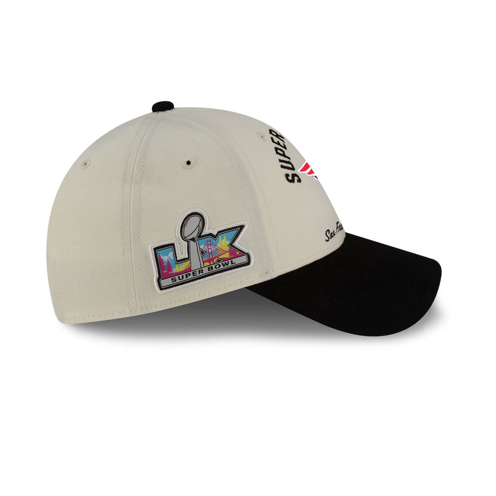New England Patriots Super Bowl LX cream 9FORTY stretch snap hat featuring a black visor and embroidered logo.