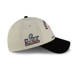 New England Patriots Super Bowl LX cream 9FORTY stretch snap hat featuring a black visor and embroidered logo.