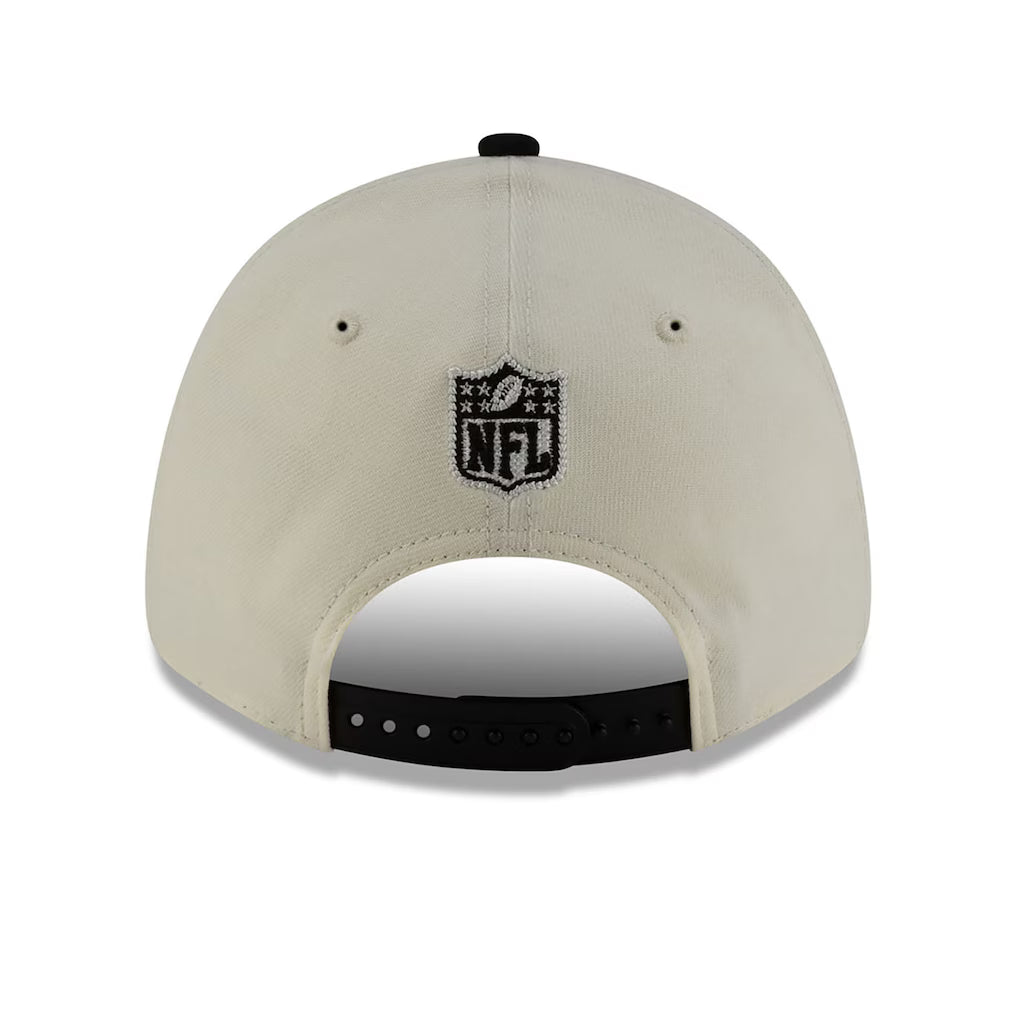 Back view of a New England Patriots Super Bowl LX cream 9FORTY stretch snap hat featuring the NFL logo.
