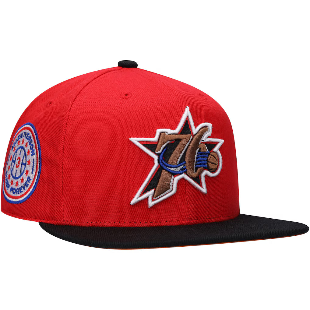 Philadelphia 76ers red fitted hat featuring NBA Finals Champions logo and embroidered team graphics.