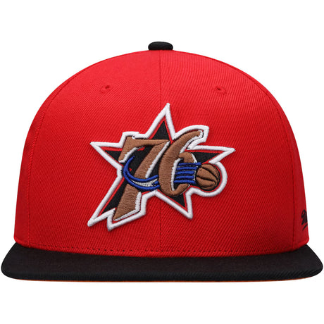 Philadelphia 76ers red fitted hat featuring NBA Finals Champions logo and black brim, perfect for fans and collectors.