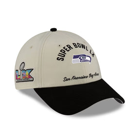 Seattle Seahawks Super Bowl LX cream 9FORTY stretch snap hat featuring team logo and event details. Ideal for fans.