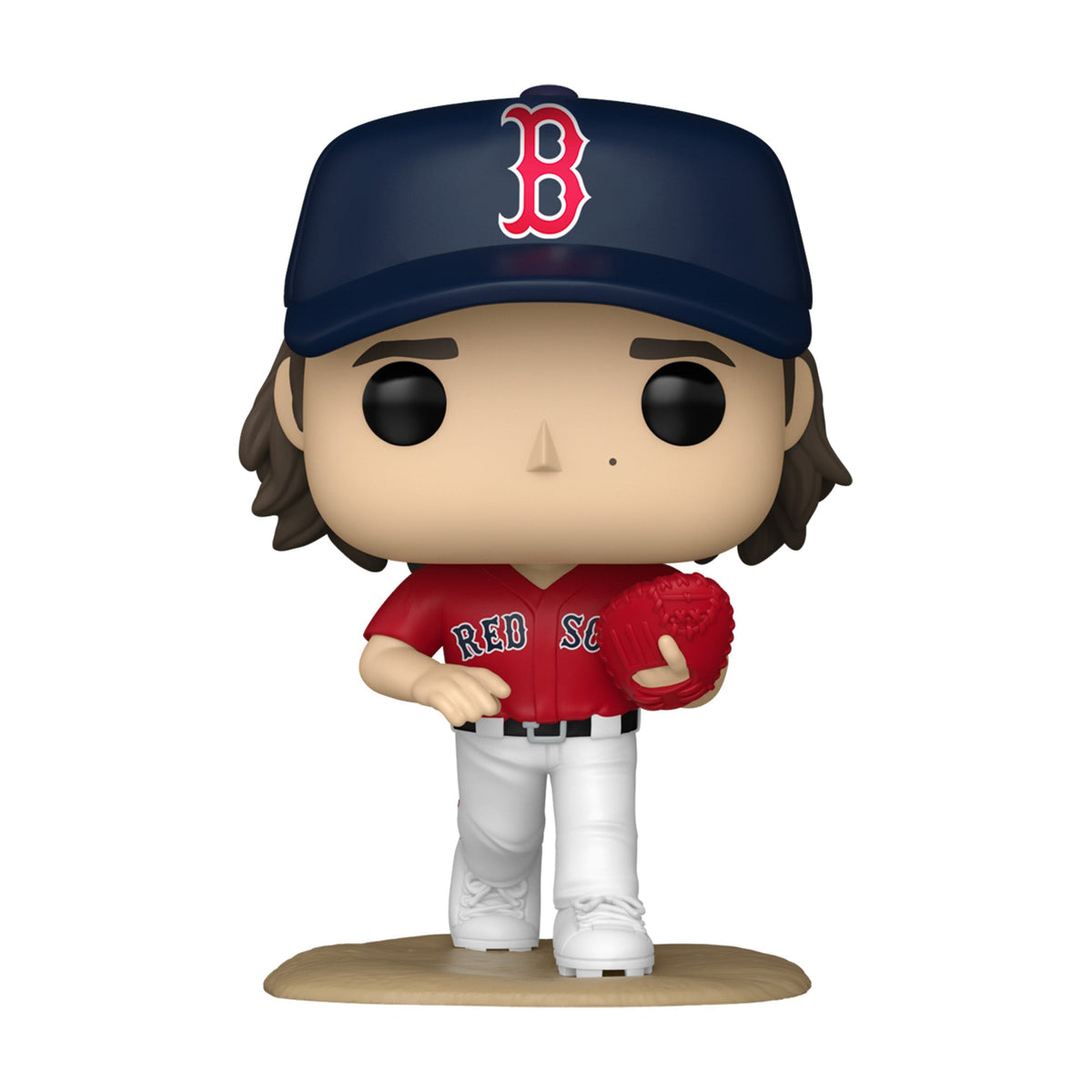 Front view of Boston Red Sox Roman Anthony Funko Pop 137 figure showcasing a red uniform, navy cap, and baseball glove on white background