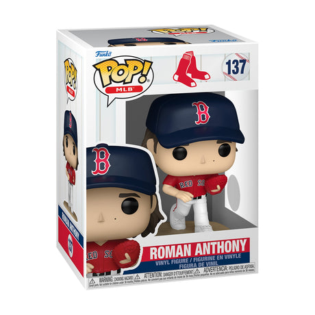 Front three-quarter view of Boston Red Sox Roman Anthony Funko Pop! 137 showcasing the boxed vinyl figure with a white background