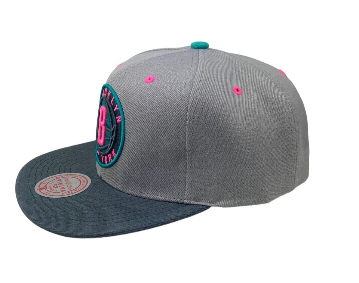 Brooklyn Nets Gray/Teal/Pink Adjustable Snapback Hat - Mitchell & Ness - 