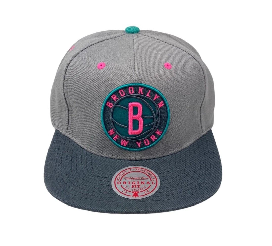 Brooklyn Nets Gray/Teal/Pink Adjustable Snapback Hat - Mitchell & Ness - 