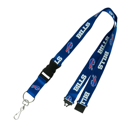 Angled view of a blue Buffalo Bills lanyard with repeated Bills logos, release buckle, and metal clips on white background