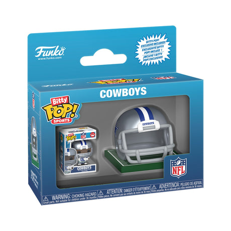 Front three-quarter view of a Dallas Cowboys Bitty Pop! helmet and player set in a blue retail box