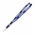 Angled view of Dallas Cowboys navy blue lanyard showcasing repeated Cowboys star designs, split buckle, and metal clip on white background