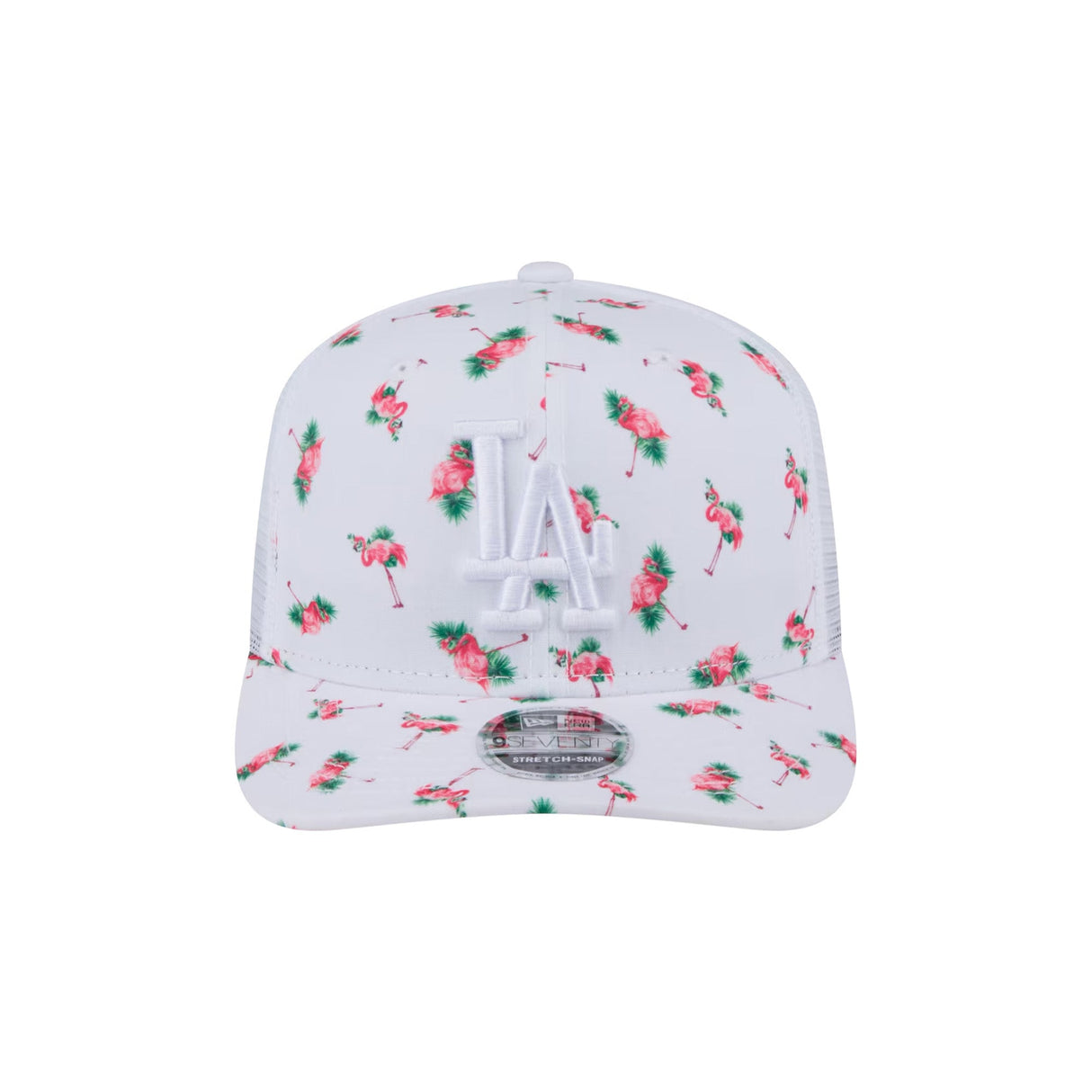 Los Angeles Dodgers Pink Flamingo Pattern White 9SEVENTY Stretch - Snap TruckerHat - New Era - 230121411