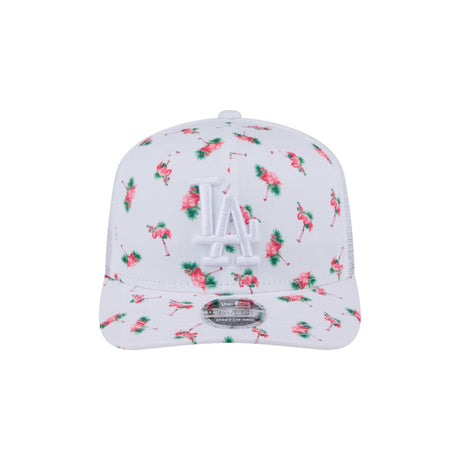 Los Angeles Dodgers Pink Flamingo Pattern White 9SEVENTY Stretch - Snap TruckerHat - New Era - 230121411