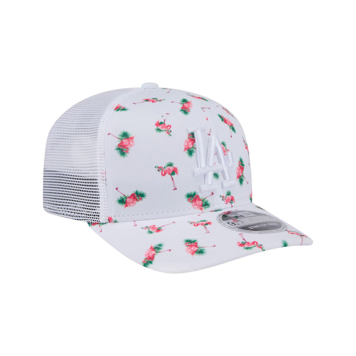 Los Angeles Dodgers Pink Flamingo Pattern White 9SEVENTY Stretch - Snap TruckerHat - New Era - 230121411