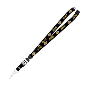 Angled view of Los Angeles Lakers black lanyard showcasing repeated team logos, black clip, and key ring on white background