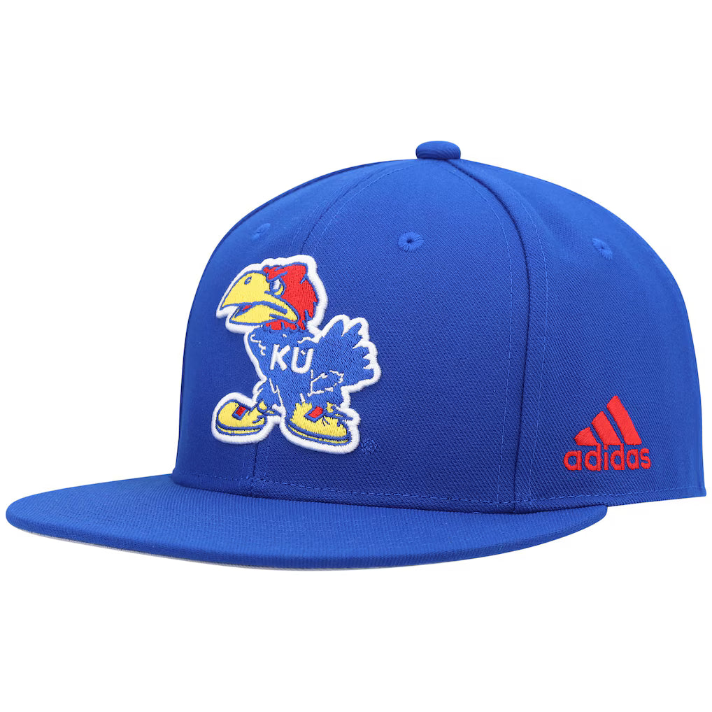 Kansas Jayhawks royal blue on-field flex hat featuring the team logo and Adidas branding on the side.