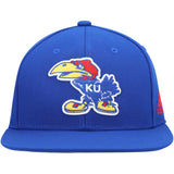 Kansas Jayhawks royal on-field flex hat featuring the team mascot logo and Adidas branding for fans and collectors.