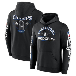 Los Angeles Dodgers 2025 World Series Champions black pullover hoodie featuring team graphics and championship details.