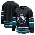 Youth San Jose Sharks black alternate breakaway jersey featuring team logo and striped design for fans.