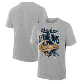 Gray Los Angeles Dodgers 2025 World Series Champions locker room replica t-shirt featuring bold championship graphics.