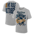 Los Angeles Dodgers 2025 World Series Champions locker room authentic t-shirt featuring celebratory graphics on a gray background.