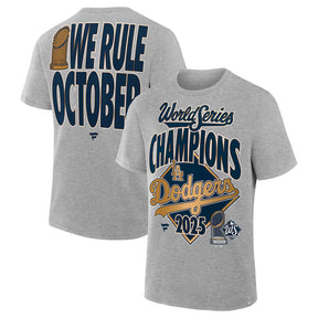 Los Angeles Dodgers 2025 World Series Champions locker room authentic t-shirt featuring celebratory graphics on a gray background.